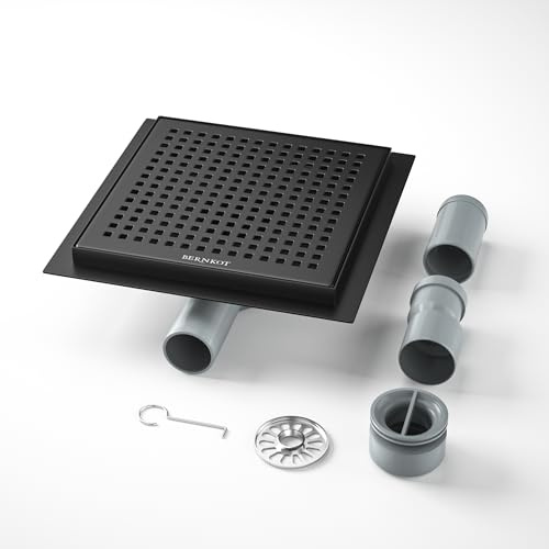 Bernkot Canaleta de ducha cuadrada de acero inoxidable, 20 x 20 cm, con sifón de 360°, antiolores y filtro de pelo, 2 adaptadores de desagüe DN50 DN40, desagüe plano, color negro