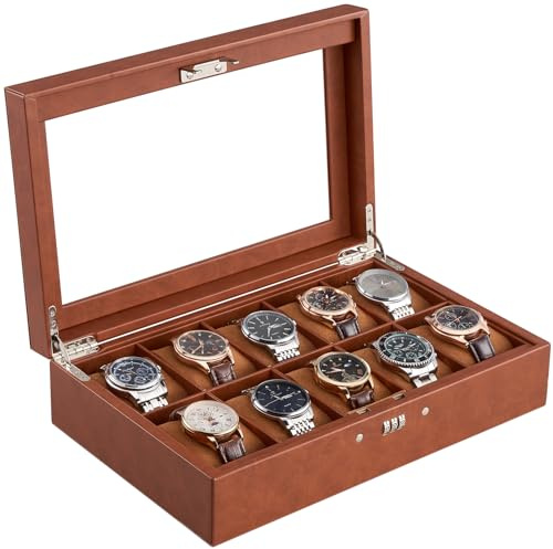 ProCase Boite a Montre à Serrure à Combinaison, Coffret Montre à 10 Emplacements, avec Couvercle en Verre -Marron