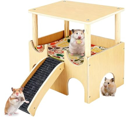 Casa per Porcellini d'India, Grande Casa per Porcellini d'India in Legno con Scala, Rampa e Tappetini, Rifugio Multipiano per Porcellini d'India con 3 Ingressi, Case per Roditori per Piccoli Animali