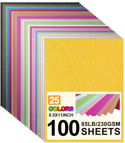 AWQOIU Glitter Cardstock Paper 8.5x11 Inch for Crafts, 100 Sheets of Glitter Paper in 25 Colors, 230GSM/85LB Shimmer Cardstock for Scrapbooking, Decorative, and Gift Wrapping