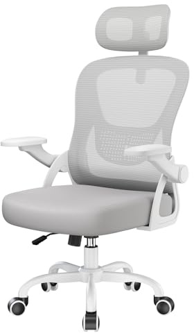 naspaluro Office Desk Ergonomic Chair with Flip-up Armrests/Headrest/Back Support Comfy Computer Small Heavy Duty Swivel Chairs for Home Office Comfortable Gray Study Work Mesh PC Chairs & Stools