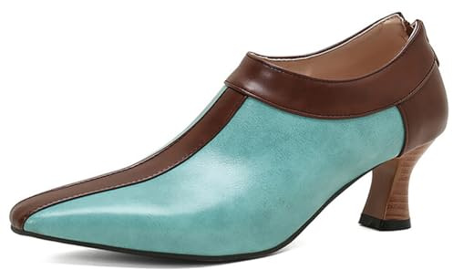 MiaZane Zapatos De Tacón Bicolor para Mujer Piel Sintética PU Punta Fina Tacón Kitten Diseño Slip On Elegante Estilo Vintage Cómodos para Oficina Y Uso Diario,Azul,44 EU