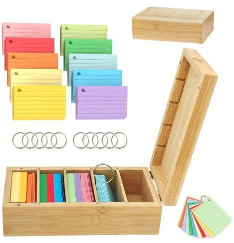 Cartoncini A8 in Legno con Coperchio, 22,4 X 10 X 7,5 Cm Porta Carte Organizer in Legno di Apprendimento con 500 Schede a Cartoncini Colorati, Regolabili Scatola per Schede, per Ufficio, Casa
