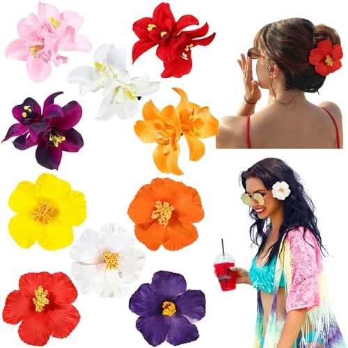 Barrettes à Cheveuxs Hibiscus Hawaïen Lot de 10 Pince à Cheveux en Forme de Fleur Tropicale Artificielle Hawaii Pince Cheveux Femme pour Coiffure de Carnaval Danseuse Piscine Plage Fête Mariage (A)