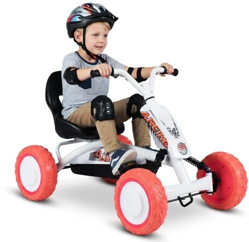 COSTWAY Kart à Pédale Enfant avec Siège Réglable à 2 Positions, Karting Enfant avec 4 Roues Résistantes à l'usure, Cadre Métallique, Charge 30 kg, Gokart pour Garçons Filles de 3 à 8 Ans (Blanc)