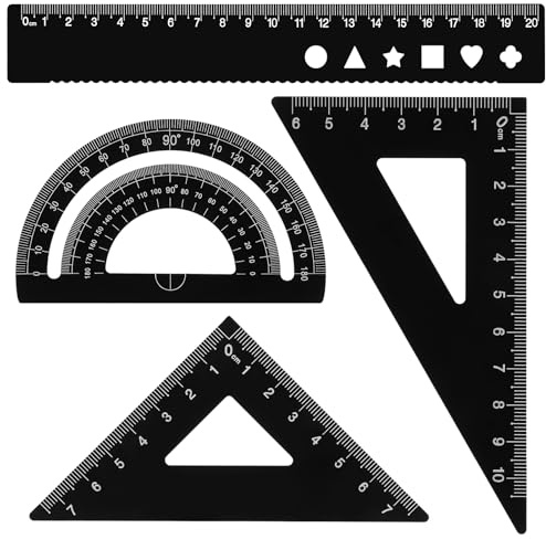 4 Pack Metal Protractor Set, Math Geometry Tool Ruler Triangular Geometry Set Aluminum Alloy Student Measuring Rulers for Draftsman Engineers Student School Home Office, Black