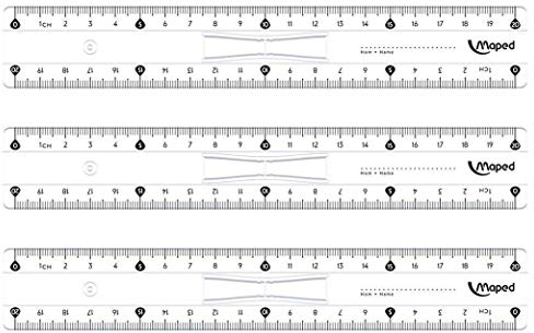 Maped Lineal, flach, doppelte Skala, Kunststoff, 20 cm, mit Griff, 3 Stück