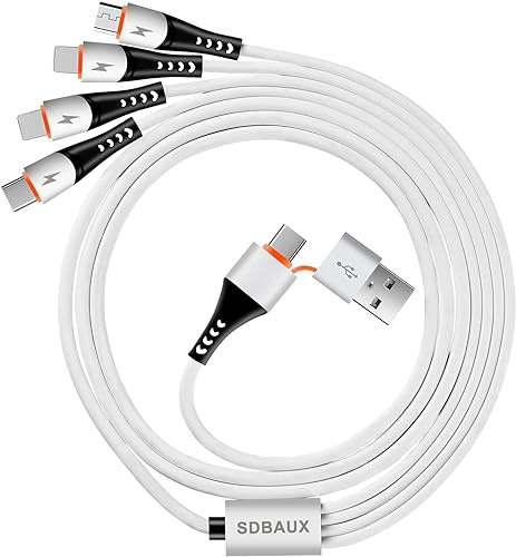 SDBAUX Multi USB Kabel 6 i 1, 3A 1.2M Universal USB A/C till Multi 4 i 1 Laddningskabel, med 2 iP/Typ C/Micro USB Portar, för iOS-Telefon, Android Galaxy, LG, Sony, Hoor View, Moto, OnePlus, PS5