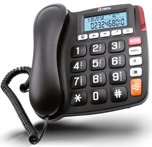 Olympia Seniorer storknappstelefon, fast telefon, hörapparat, stora SOS och handsfree-knappar