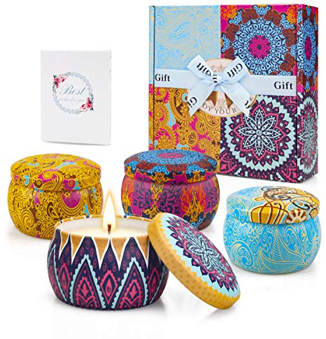 Set regalo di candele profumate per donne, 158,8 g, 120 ore di combustione, candela naturale in cera di soia per aromaterapia, candela portatile in latta, set regalo con 4 fragranze, primavera,