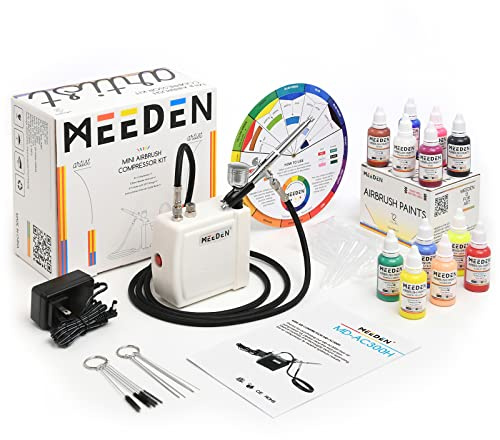 MEEDEN Kit aerografo con mini compressore d'aria portatile, pistola aerografo a doppia azione con alimentazione a gravità, kit di pulizia a 12 colori aerografo per la pittura di modelli - Bianco