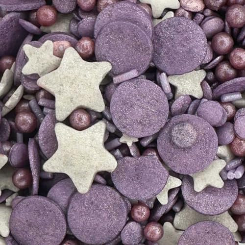 Sprinkletti - Midnight Violet - 30g Cake Topper Sprinkles - Shimmer Violet and SIlver Stars, Confetti, Balls & Strands - Edible Cake Decorations - Birthday Cake Sprinkles