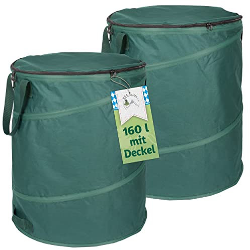 TTL Garden - Lot de 2 sacs de jardin pop-up de luxe de 160 l - Avec couvercle - 220 g/m² - Oxford 600D - 160 l - Pliable - Extra stable - Sac à feuilles et récipient pour déchets de jardin verts