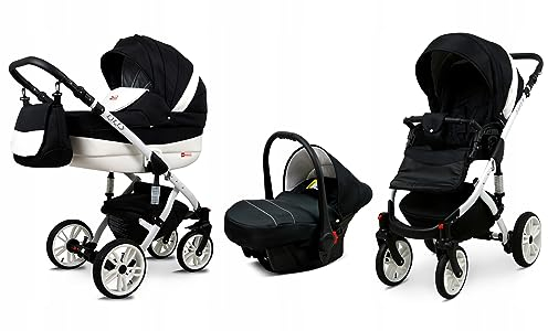 BabyLux® Bambimo Kinderwagen Set 3 in 1 - Lilly - incl. Babywanne, Buggy Sportsitz, Auto-Babyschale - Autositz - Kinderwagenset - Kombikinderwagen mit Wickeltasche, Regenschutz usw.
