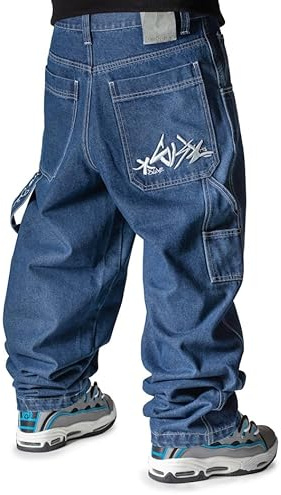 The blueskin Jeans Baggy Uomo Pantaloni Larghi per Uomo e Ragazzo Stile Skate Rap Baggy Hip Hop Blu Used Stone Wash Scuro - W 32 IT 46