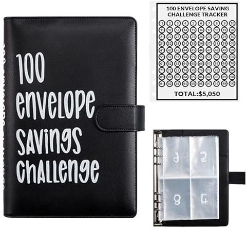 100 Envelopes Money Saving Challenge, 100 Envelope Challenge Binder, Easy and Fun Way to Save $5,050, Savings Challenges Budget Book Binder with Cash Envelopes for Office,Home,School (Black)