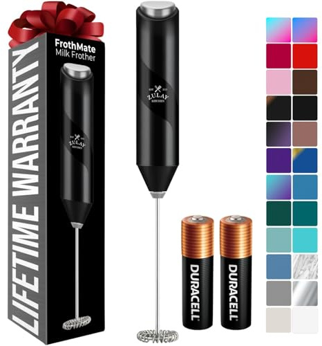 Zulay Kitchen Powerful Milk Frother AA Batteries Included – Ultra Fast Handheld Drink Mixer with Stainless Steel Whisk Stirrer for Coffee, Protein, Matcha & More, Frother Wand Electric Frothmate Black
