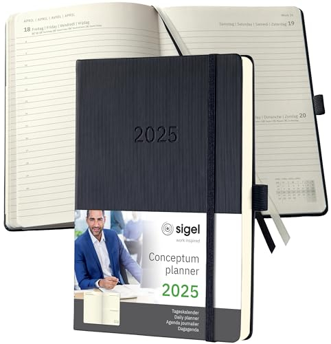 SIGEL C2510 Terminplaner Tageskalender 2025, ca. A5, schwarz, Hardcover, 400 Seiten, Gummiband, Stiftschlaufe, Archivtasche, aus nachhaltigem Papier, Conceptum
