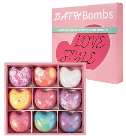 9Pcs Badebomben in Herzform Geschenkset für Frauen, Bio Badekugeln für Badeschaum mit 9 Düften, Badezusatz Spa Geschenk Set Hautpflege und Entspannung für ihren Jahrestag, Valentinstag, Muttertag