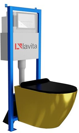 Lavita LAV 101 Élément mural pour WC 40 cm + évier mural suspendu Sofi Slim Gold / Black sans bord + panneau de commande LAV 200.3.1 blanc + siège de WC avec système d'abaissement automatique Kit