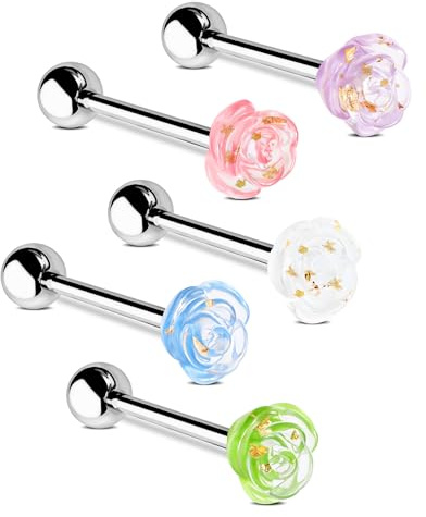 Jewseen 5 st tunga barbell 14 g blommor tongue ringar kirurgiskt stål tungpiercing akryl tunga skivstång piercing smycken, Rostfritt stål Akryl