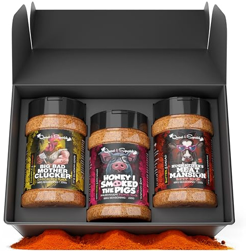 BBQ Rubs Gift Set by Quasi & Squatch - Smokey Honey Soy Sauce For Pork - Smokey Barbecue For Chicken & Meat Mansion For Beef | Perfect Blend of Spice for BBQ and Grill | 3 Packs