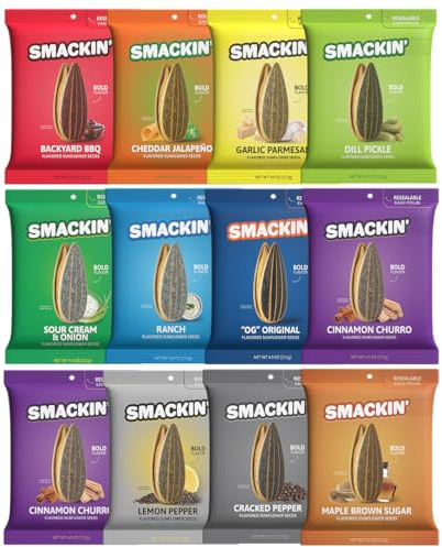 SMACKIN' - Jumbo Roasted Sunflower Seeds, No Salty Burn, American Made, Easy Pour & Seal - Variety Pack, 4oz bag (12 Bags)