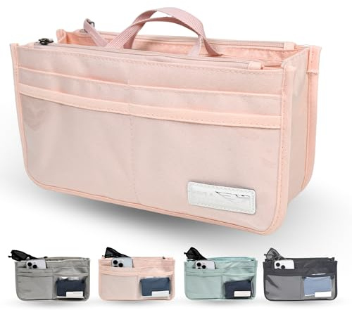Organiseur de sac à main pour femme insérable à l'intérieur du sac, 2 poignées, 13 compartiments (10 poches, 6 transparentes, 2 avec fermeture éclair, 1 grand central), léger, polyester