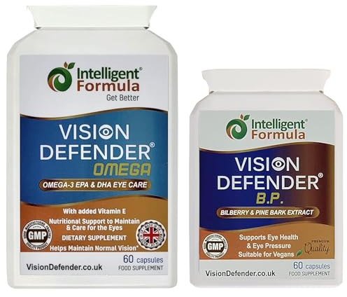 Vision Defender BP e Vision Defender Omega Bundle Cura Occhi - Estratto Mirtillo Corteccia di Pino Omega-3 Olio Pesce - (EPA-DHA) Vitamina E - Integratori Occhi Secchi Comfort - 120 Capsule - UK