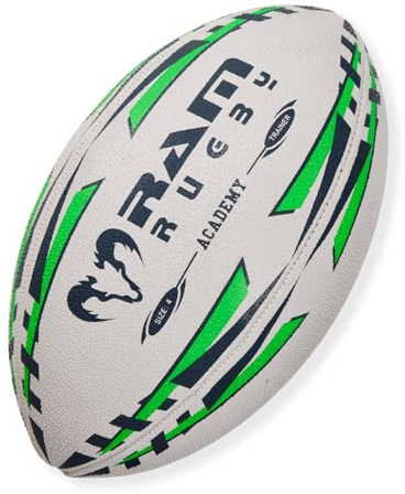Ram Rugby Pallone da rugby Academy Trainer (misura 4), 3 strati, qualità Club, palla da rugby, con impugnatura 3D per il massimo controllo dei passaggi e delle catture, adatta per giovani, bambini e