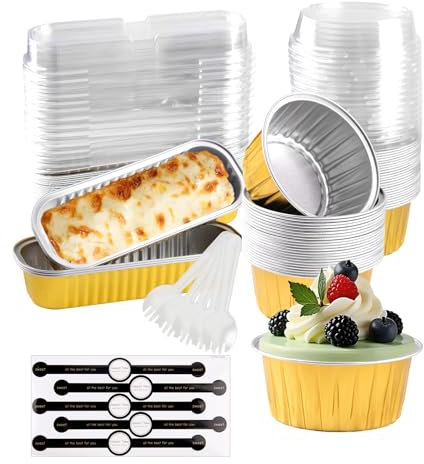 Xmart 50 piezas Mini Moldes para Pan con Tapas y Cucharas Tazas de Aluminio para Hornear con Pegatina de Sellado Molde Magdalenas Horno de Aluminio 125ml y 200ml para Boda Cumpleaños Picnic Fiesta