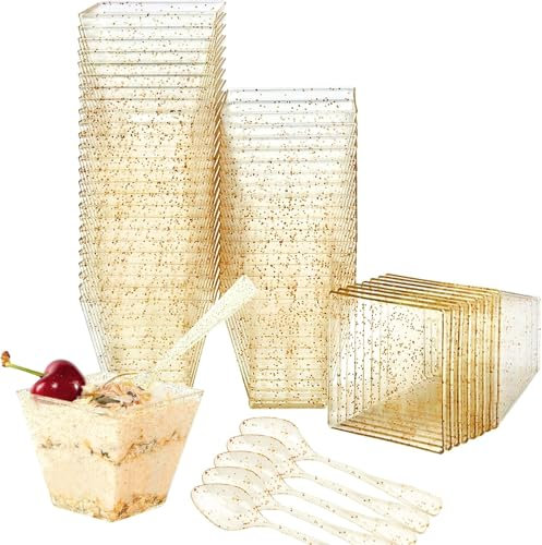 Viceda Dessert Bowls, 50 Pcs 2oz/60ml Mini Plastic Dessert Cups, Gold Serving Dessert Bowl for Jelly, Cheesecake, Mousse, Puddings, Tiramisu
