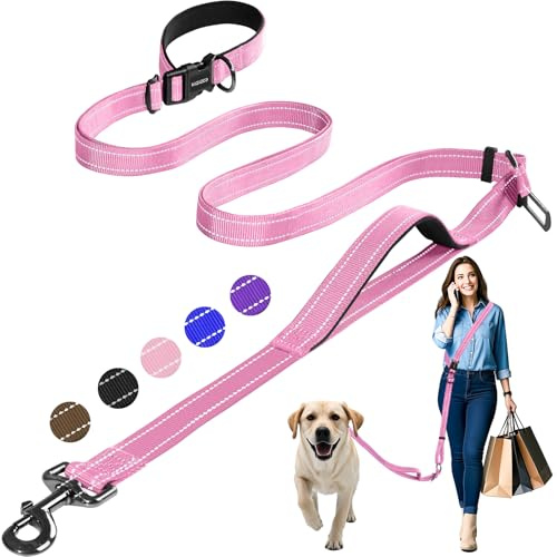 Kazazoo Hands-Free Dog Leash with Adjustable Length 6-9FT + Dual Padded Handles Reflective Safety for Walking, Jogging & Training | Suitable for Medium to Large Dogs & Puppies Pink-L