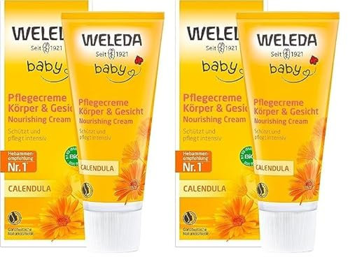 WELEDA Bio Baby Calendula Pflegecreme Körper & Gesicht 75ml - Naturkosmetik Gesichtscreme/Hautcreme mit Sesamöl & Lanolin zur Pflege trockener Haut. Babypflege Feuchtigkeitscreme für Babys & Kinder