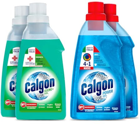 Calgon Anticalcare Lavatrice, 2 flaconi da 1500ml di Power Gel 4in1, 2 flaconi da 1500ml di Gel Disinfettante Hygiene+, Additivo per una Protezione da Calcare, Corrosione, Sporco e Cattivi Odori