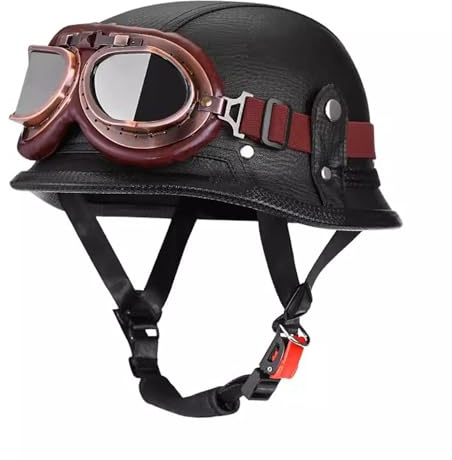 VVPEC Tysk stil motorcykel halvansiktshjälm i läder, ECEDOT-godkänd Retro Open Face-hjälm med glasögon Street Motorcykelhalvhjälm for Cruiser Scooter Touring, Pilothjälm(10,M=57~58cm)