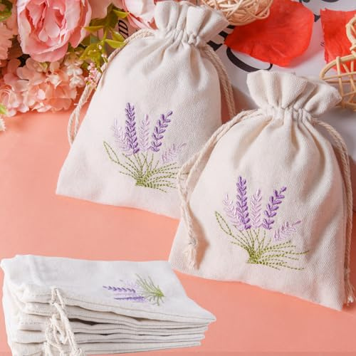 5 Empty Drawstring Lavender Bags for Filling, Small Embroidered Canvas and Cotton-Linen Pouches for Spices, Dried Flowers, and Herbs