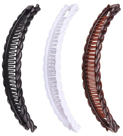 Lot de 3 pinces à cheveux banane pour cheveux longs et épais, peignes rétro en plastique pour femme - Accessoires de mode (blanc, noir, marron)