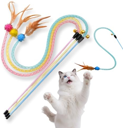 BnbnPup Katzenspielzeug Feder mit Katzenangel – 3er Set mit verlängertem Netzschlauch, Federn & Glöckchen, interaktives Intelligenz Spielzeug für Kitten Training und Selbstbeschäftigung