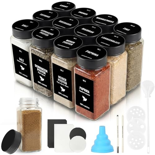 JAECU 12 Piezas Botes Especias Cristal con Tapa de Acero Inoxidable, 120ml Frascos Especiarias Vidrio, Aptos para Cajones y Armarios de Cocina (Negro)