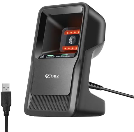 OBZ Lecteur Code Barre Main Libre Omnidirectionnel Douchette USB Filaire | 1D 2D QR Code Barcode Scanner de Bureau Automatique pour Caisse, Supermarché, Logistique et Stock, Play and Plug