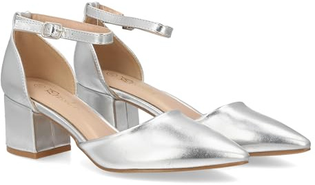 99412 Zapato de Tacon Medio para Mujer con Diseno Elegante y Punta Fina, Cierre de Hebilla. Tacon Ancho y Comodo, Ideal Diario u Ocasiones Especiales. Talon Cerrado. Plata Talla 38