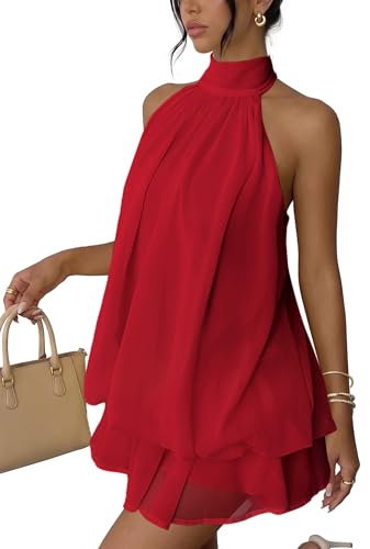 Xiaoliny Vestito Donna Elegante Senza Maniche Mini Abito con Scollo Halter e Volant Estivo Vestiti Ampio in Chiffon Sexy Abiti Schiena Scoperta con Laccio Vestito Corto per Festa Discoteca Cocktail