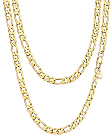El Collar de cadena Figaro de acero inoxidable chapado en oro para mujer y hombre, cadena de eslabones alterna 3 en 1 de 4 mm, 6 mm, 9 mm, 13 mm de ancho, longitud de 36 cm, 51/55/61/66/71/76 cm