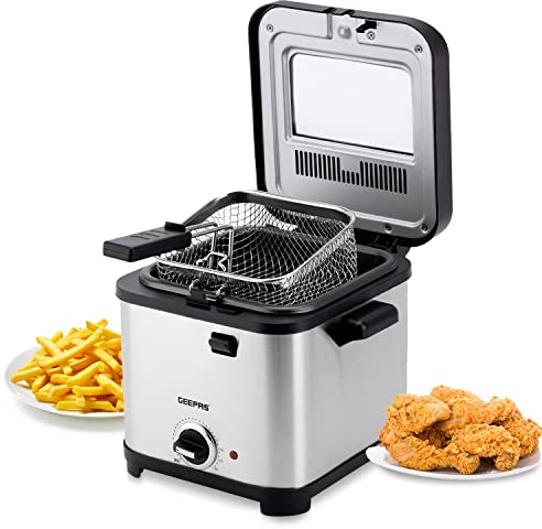 GEEPAS 1.5L Deep Fat Fryer | Adjustable Thermostat 0–190°C Viewing Window Mesh Filter Indicator Light | Cool-Touch Handle Non-Stick Inner Pot | 900W Compact Kitchen Fryer | 600g Food Capacity
