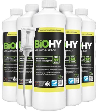 BiOHY Car Shampoo (6 x 1l Bottle) + Dispenser | Concentrate excellent cleaning power & foam formation | Protective roll-off effect | Creates a lasting fresh scent (KFZ Autoshampoo)