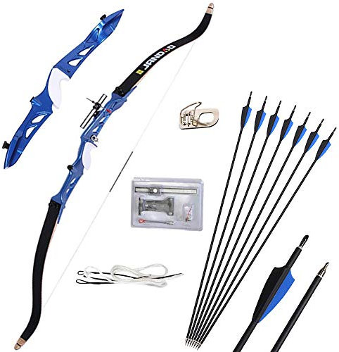 ZSHJGJR Bogenschießen Takedown Recurve Bogen und Pfeil Set 30-38lbs Jagdbogen Sportbogen Zielpraxis Langbogen Erwachsener Bogen mit 12pcs Carbon Pfeile (68 / blau, 30lbs)