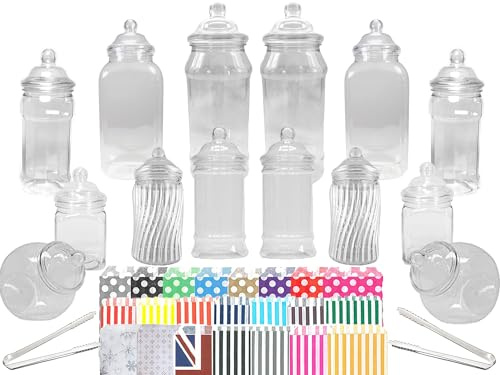 14 Plastic Sweet Jars, 7 Styles, 2 Tongs and 50 Bags. Ideal for Party, Wedding, Sweet Table, Candy Buffet (Iconic Christmas Bags)