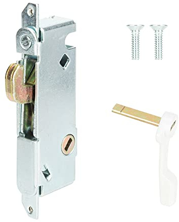 SANKINS Mortise Lock with White Latch Lever, Adjustable Spring-Loaded Hook Latch Projection for Sliding Patio Doors, 45 Degree Angle Keyway, Fits 3-11/16” Hole Spacing, Round-End Faceplate