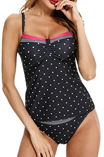 Aottori Maillot de Bain Femme 2 Pièce Tankini Imprimé Rembourré Maillot avec Short Maillots de Bain Push Up Bikini Rayures Rembourré Beachwear Noir L
